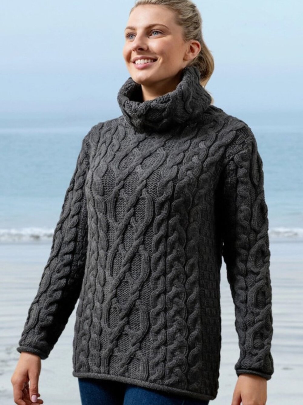 Inis Craft or Ireland 100% Merino Turtle Neck Cable Knit Sweater